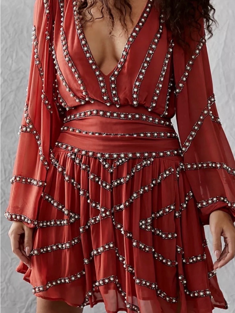 Free People Red Embellished V-Neck Mini Dress